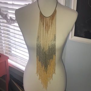 Long Chevron Beaded Fringe Necklace